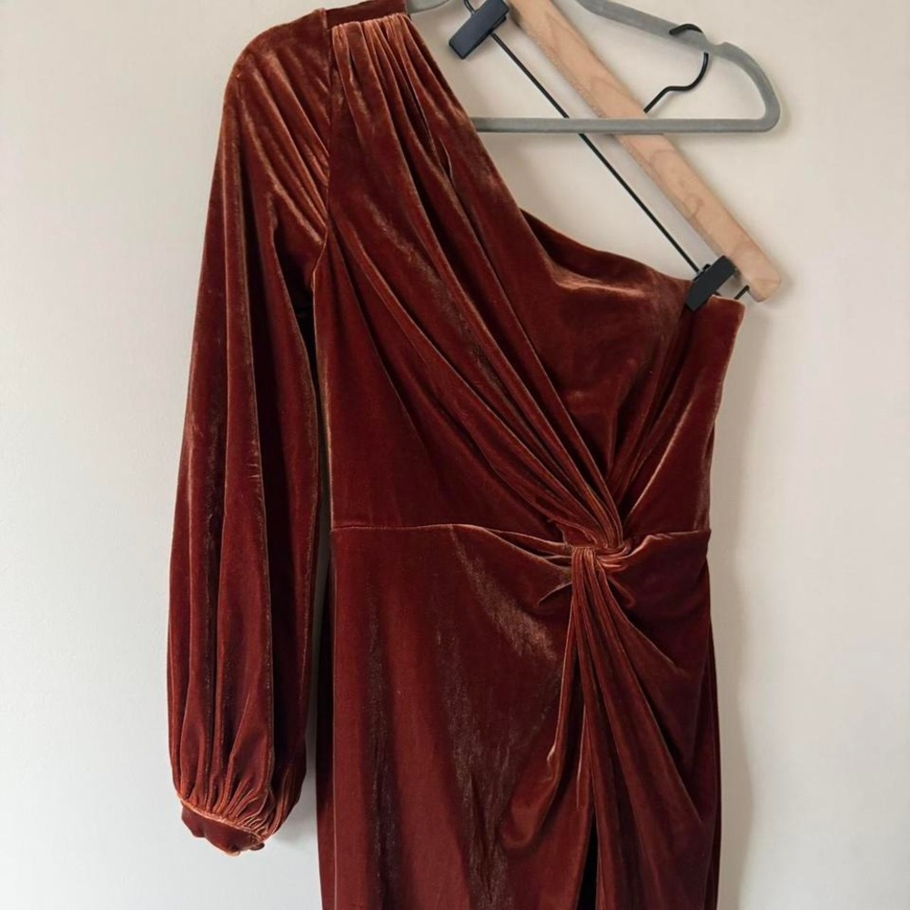 Revelry Orange Velvet One Shoulder Dress Bachelorette Wedding Size 6 Maxi Formal - Picture 4 of 8